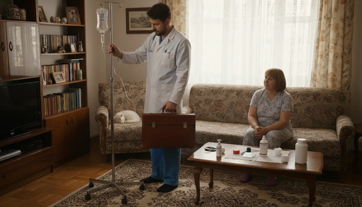 врач с медицинским чемоданом, установка капельницы, бытовое помещение