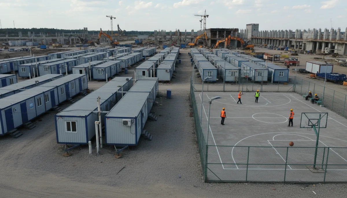 Бытовой городок строительного объекта, спортивная площадка рядом с вагончиками